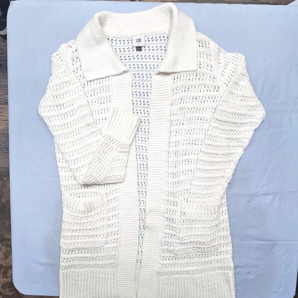 Cabi 6237 Shoreline Cardigan White Open Knit Crochet Sweater Small Boho Coastal